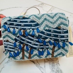 Viral TikTok Beaded Bag Small Blue and White Unbrella Clutch NWT